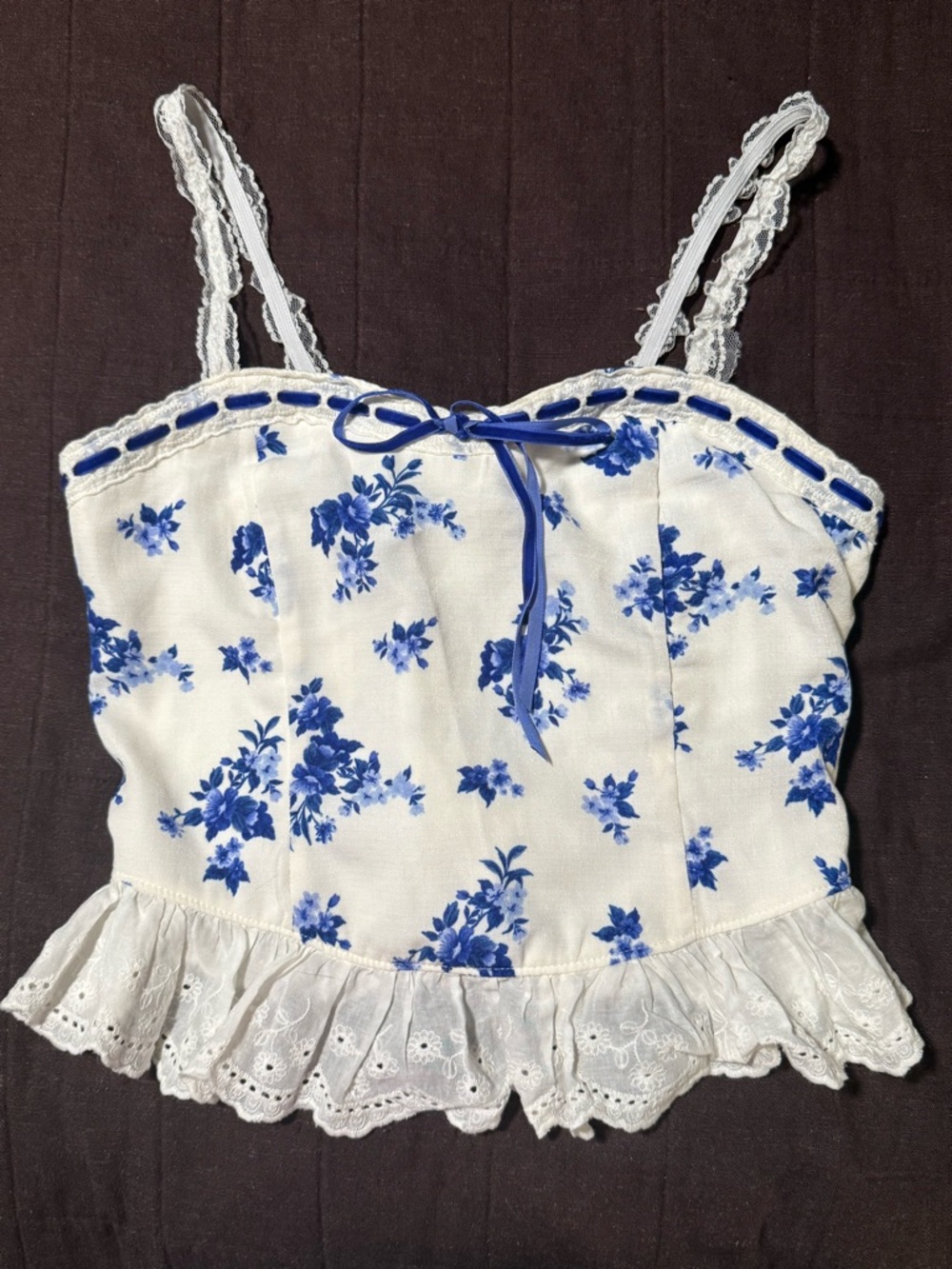 Thirty Thirty White & Blue Floral Lace Trim Cami Top
